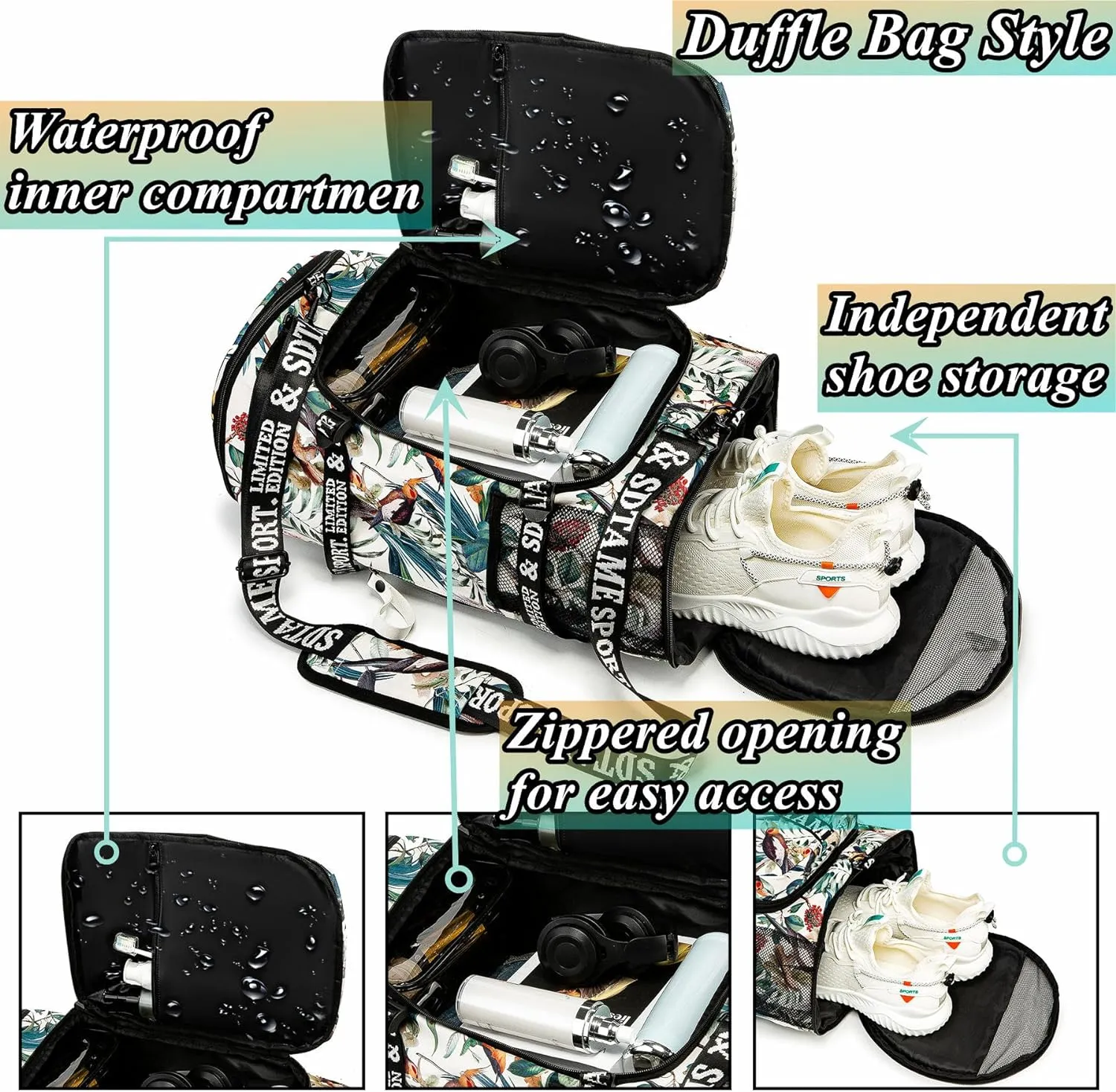 Gym Duffle Bag Backpack with Shoe Compartment,4 ways Travel Backpack for Women and Men,Multi-Functional Weekender bag with Waterproof Layer&Laptop Compartment for Fitness, Travel,Camping
