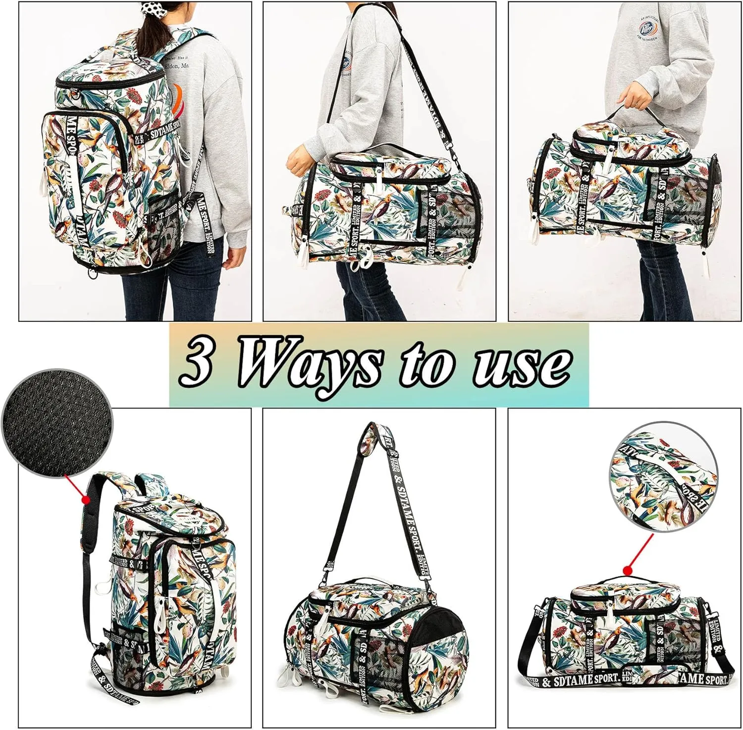 Gym Duffle Bag Backpack with Shoe Compartment,4 ways Travel Backpack for Women and Men,Multi-Functional Weekender bag with Waterproof Layer&Laptop Compartment for Fitness, Travel,Camping