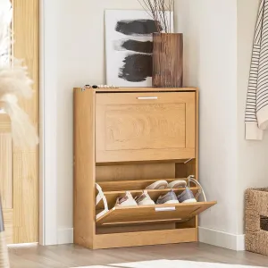 Haotian Shoe Storage Cabinet Entryway, Slim Shoe Rack Freestanding, Indoor Shoe Organizer 2 Flip-Drawers Shoe Cupboard for Mudroom Front Door Entrance Hallway, Natural Wood Color, FSR137-N
