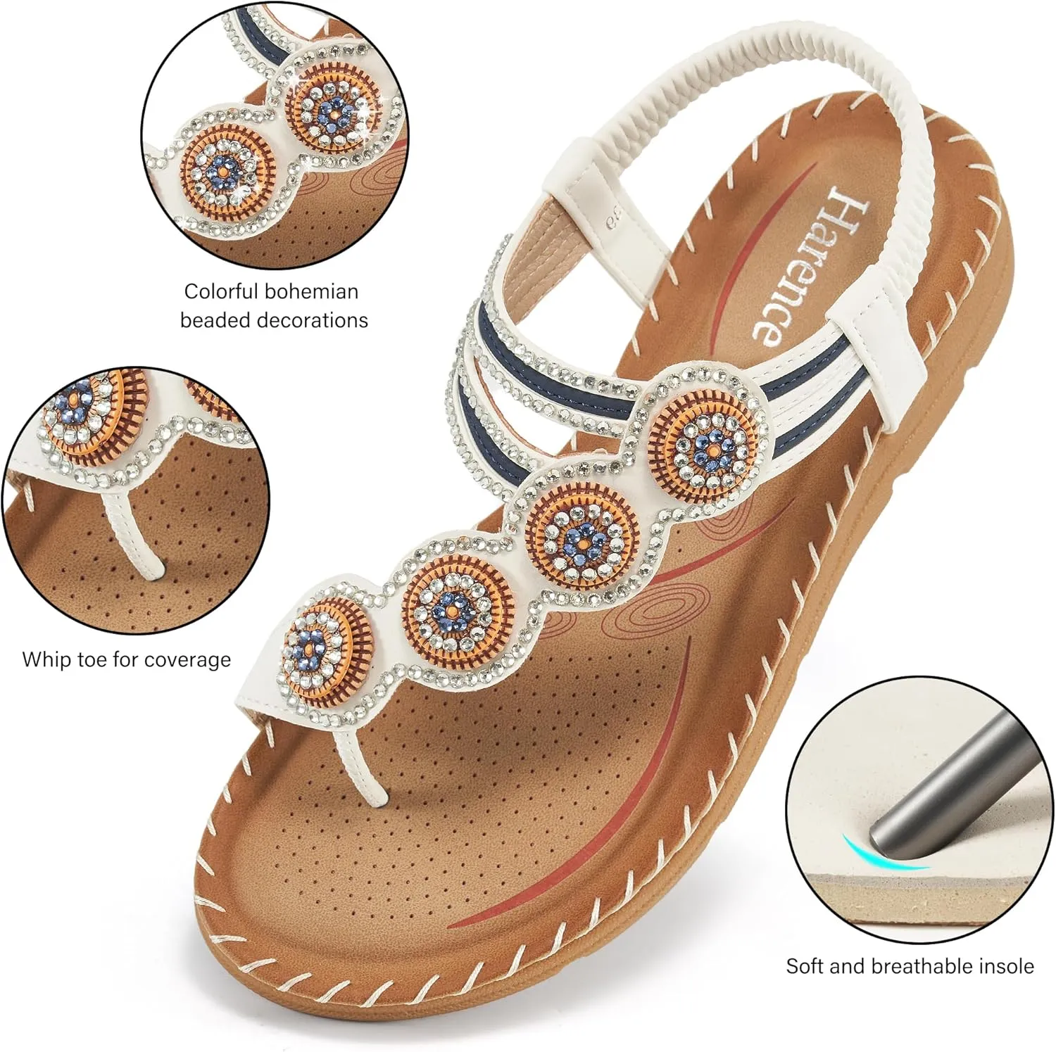 HARENCE Flat Sandals for Women Dressy: Comfortable Summer Flats Shoes Elastic Ankle Strap Bohemian Beaded Beach Sandal