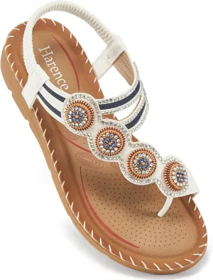 HARENCE Flat Sandals for Women Dressy: Comfortable Summer Flats Shoes Elastic Ankle Strap Bohemian Beaded Beach Sandal