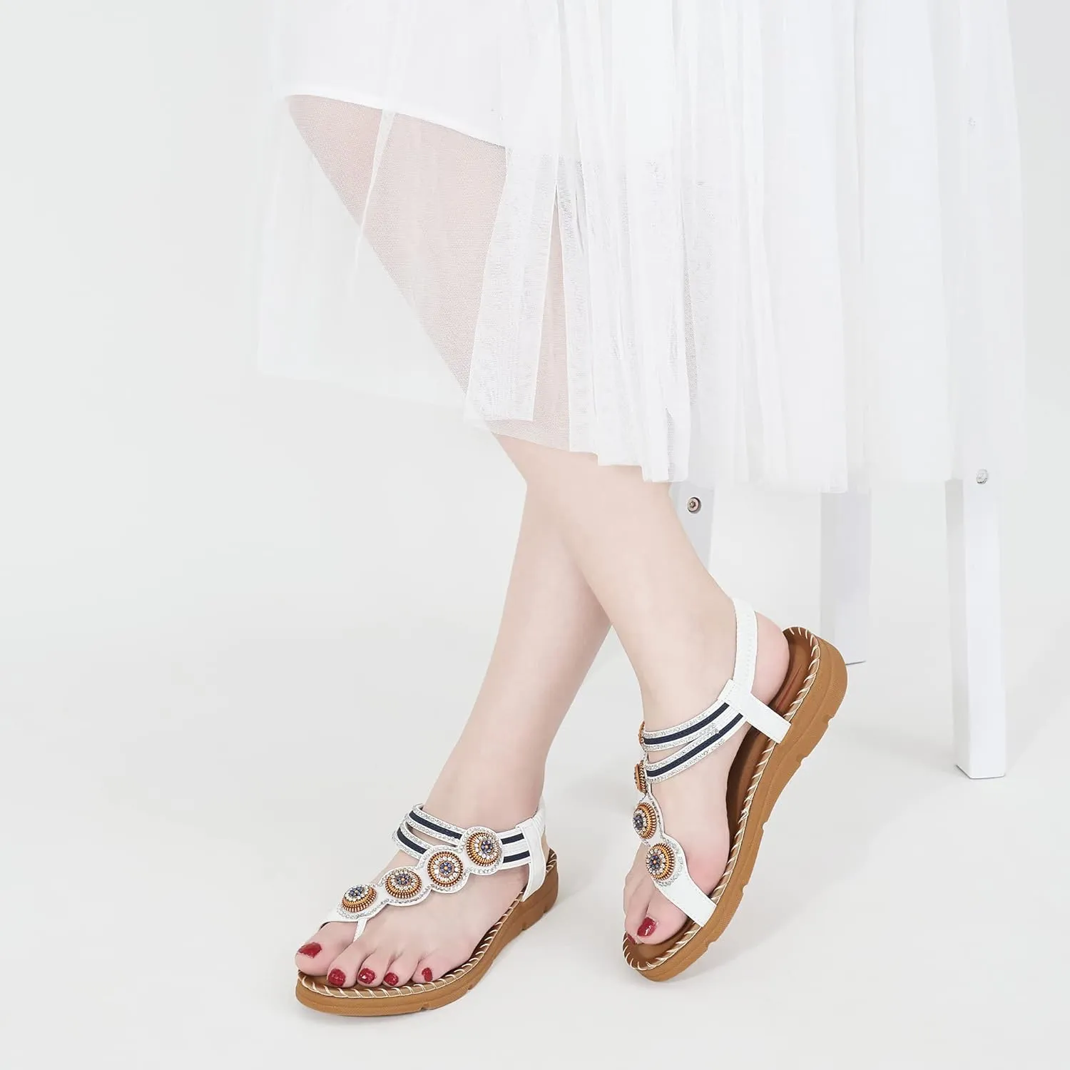 HARENCE Flat Sandals for Women Dressy: Comfortable Summer Flats Shoes Elastic Ankle Strap Bohemian Beaded Beach Sandal