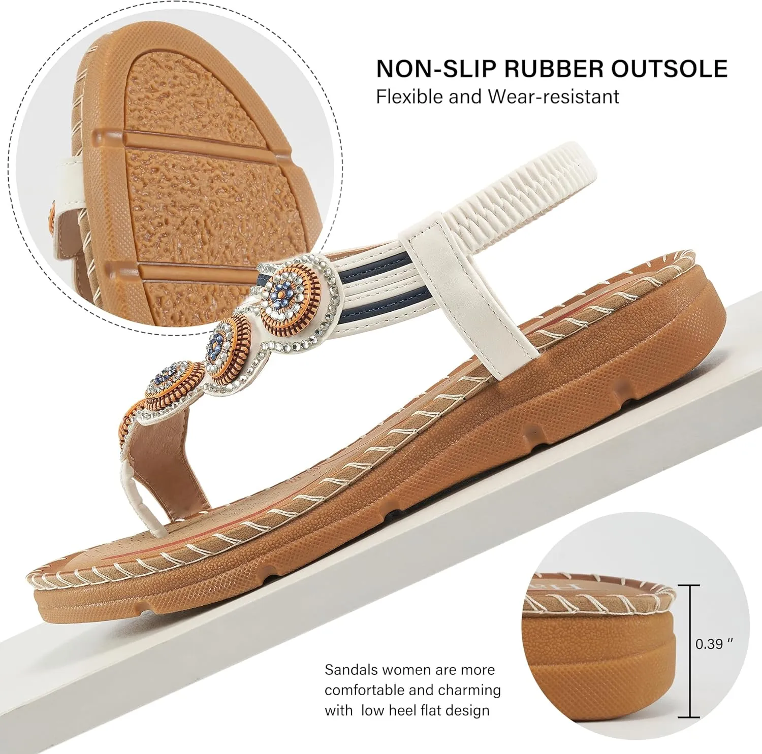 HARENCE Flat Sandals for Women Dressy: Comfortable Summer Flats Shoes Elastic Ankle Strap Bohemian Beaded Beach Sandal