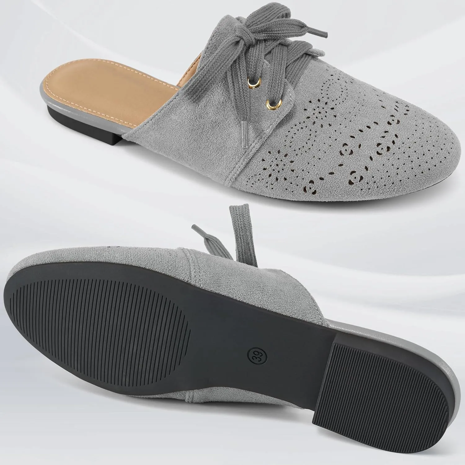 HARENCE Mules for Women Flats Shoes: Comfortable Round Toe Lace Up Mule 2025 Dressy Business Suede Loafers