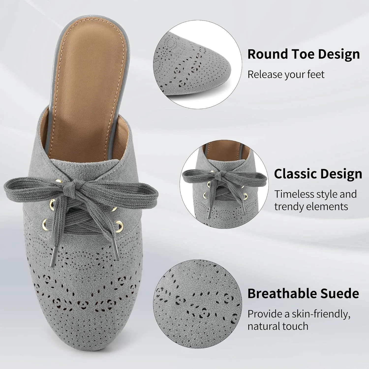 HARENCE Mules for Women Flats Shoes: Comfortable Round Toe Lace Up Mule 2025 Dressy Business Suede Loafers