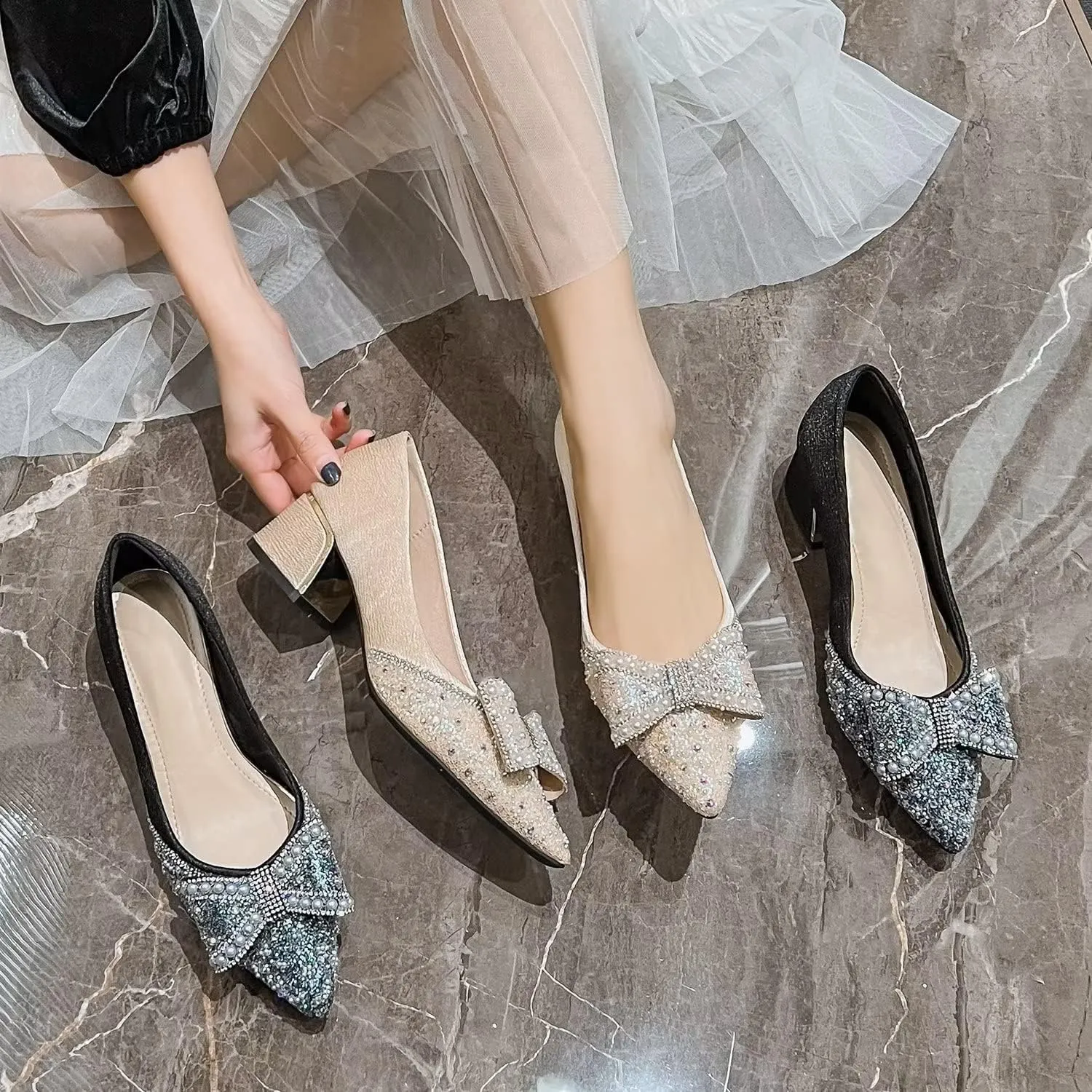 Hee grand Women's Round Toe Heeled Pumps Chunky High Heels Comfort Slip On Work Heels Sequins Dress Shoes Wide Feet Big Size