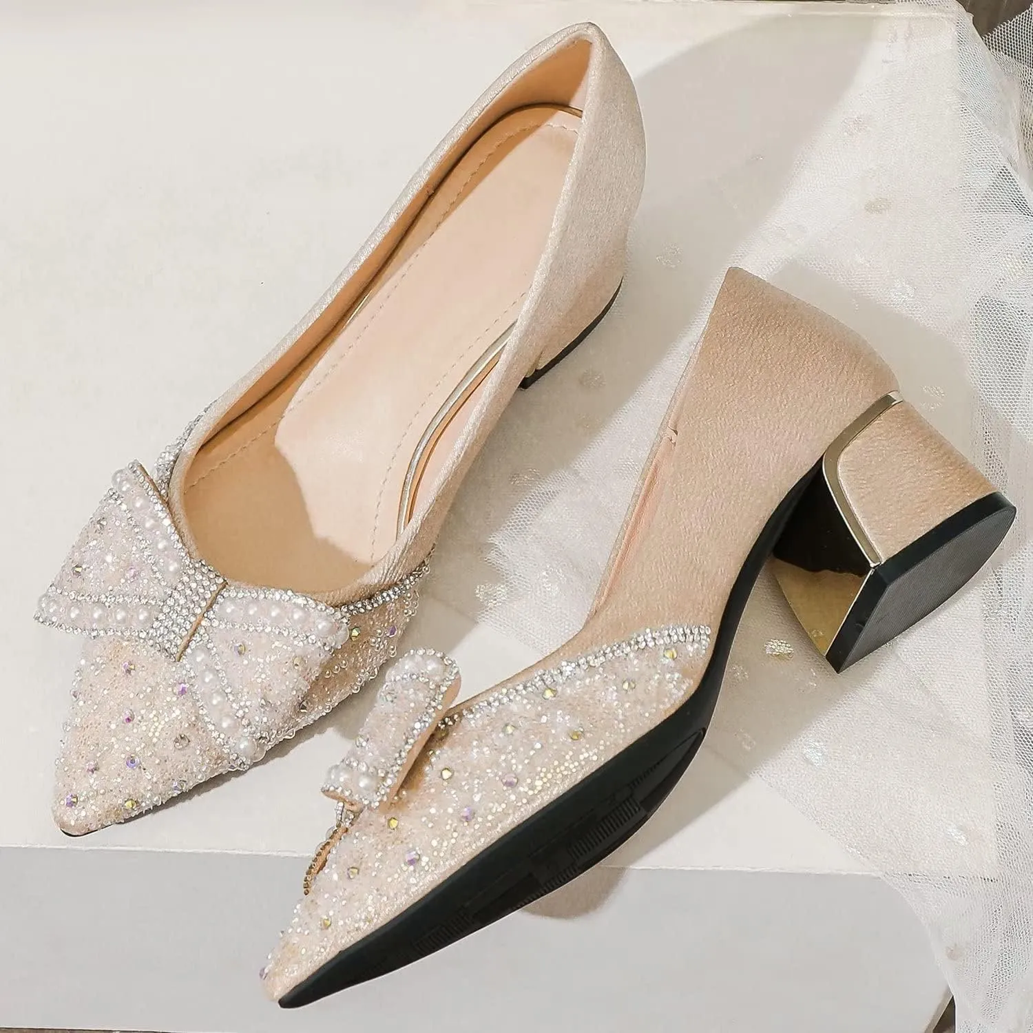 Hee grand Women's Round Toe Heeled Pumps Chunky High Heels Comfort Slip On Work Heels Sequins Dress Shoes Wide Feet Big Size
