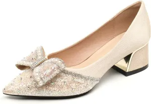 Hee grand Women's Round Toe Heeled Pumps Chunky High Heels Comfort Slip On Work Heels Sequins Dress Shoes Wide Feet Big Size