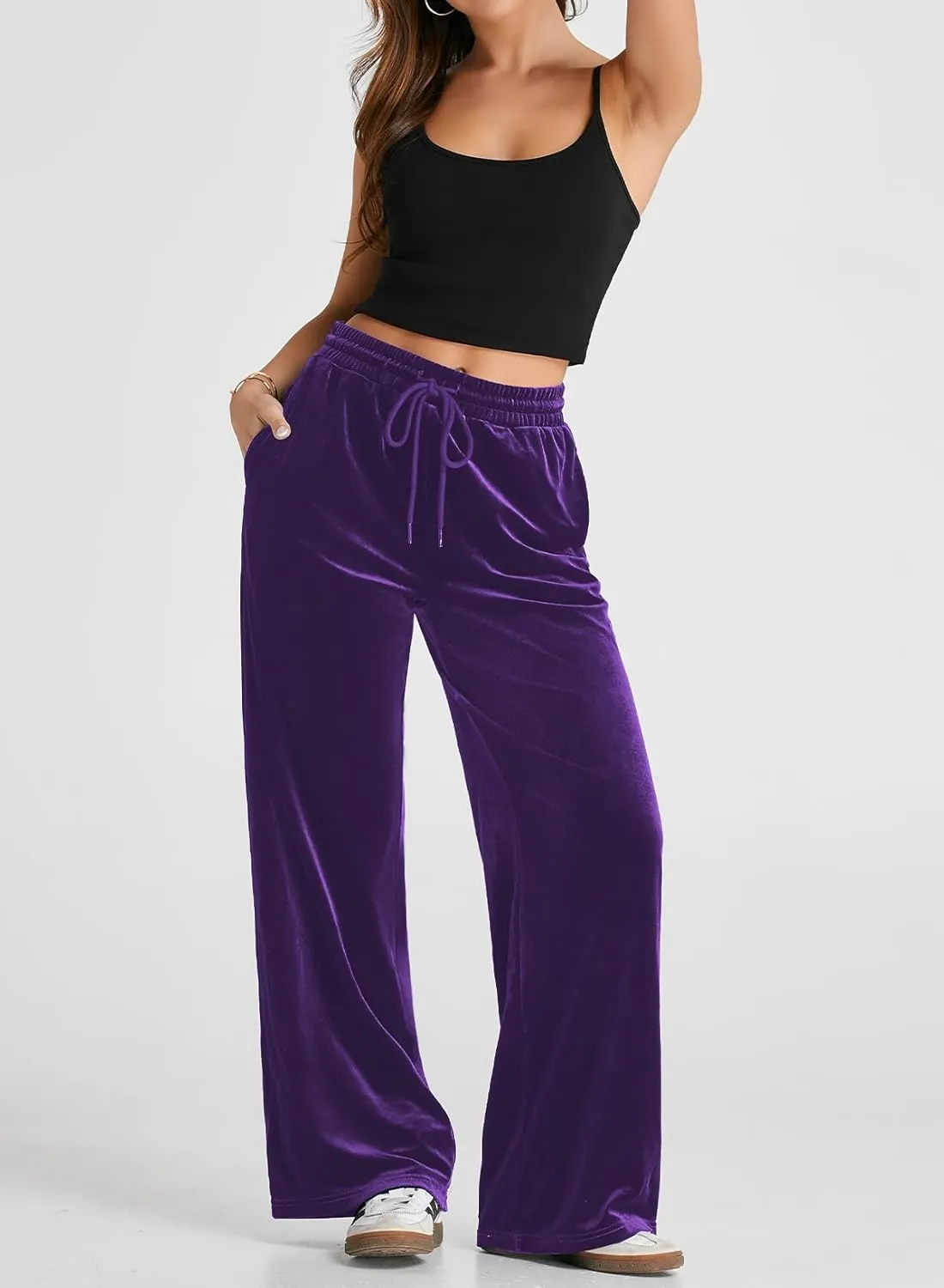 Herseas Women's Velvet Pants Drawstring Waist Wide Leg Casual Lounge Pant
