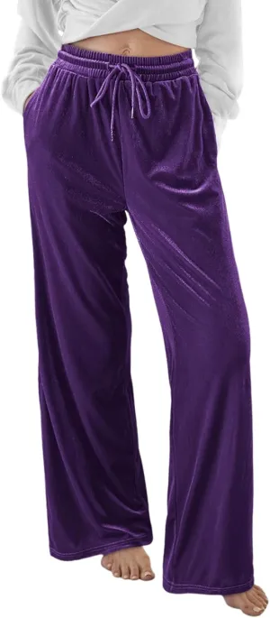Herseas Women's Velvet Pants Drawstring Waist Wide Leg Casual Lounge Pant
