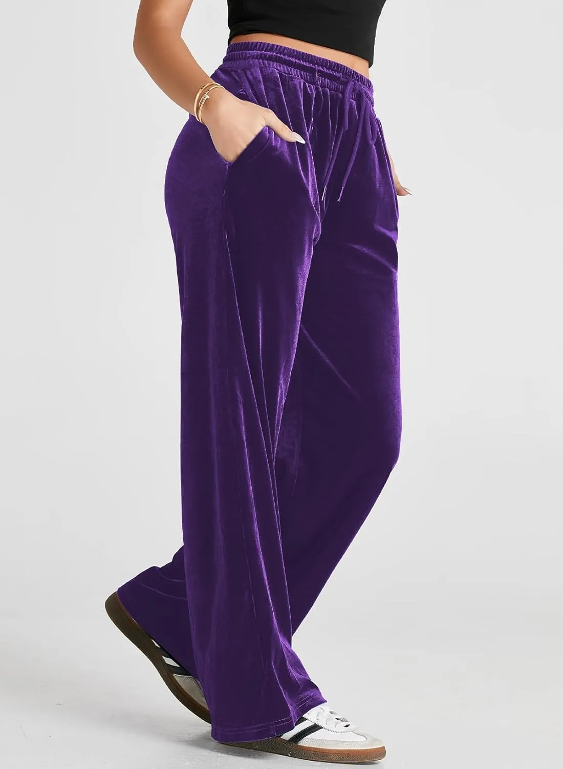 Herseas Women's Velvet Pants Drawstring Waist Wide Leg Casual Lounge Pant