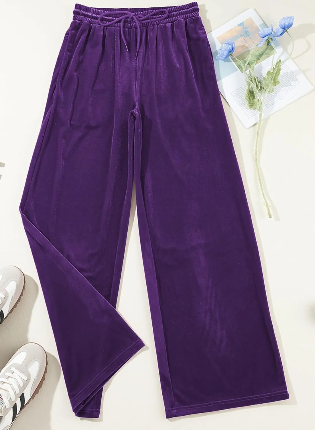 Herseas Women's Velvet Pants Drawstring Waist Wide Leg Casual Lounge Pant