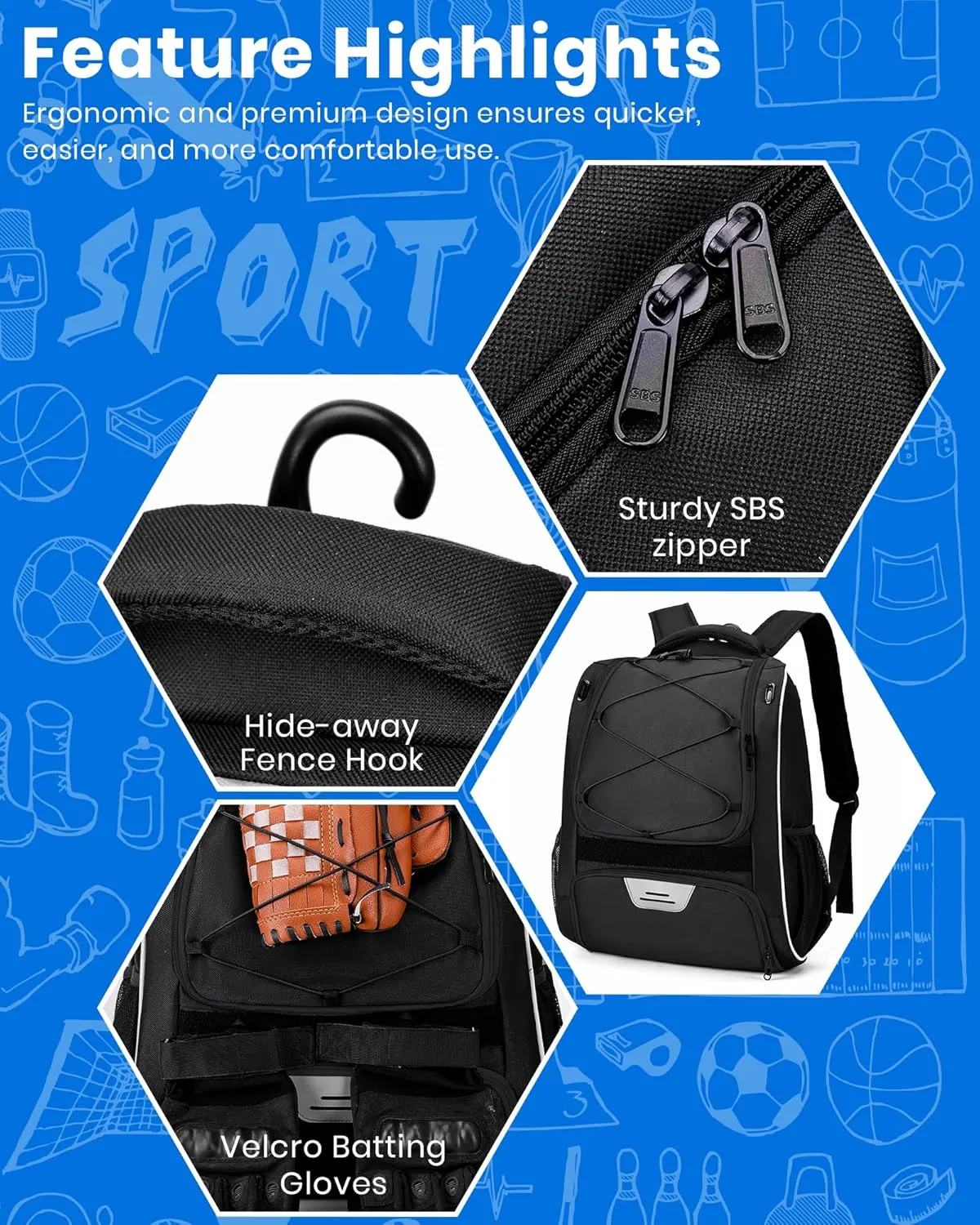 HMLIN Baseball Bag,Baseball Backpack, Softball Bat Bag with Shoes Compartment for Youth Adults,Lightweight Baseball Bag with T-Ball & Softball Equipment & Gear