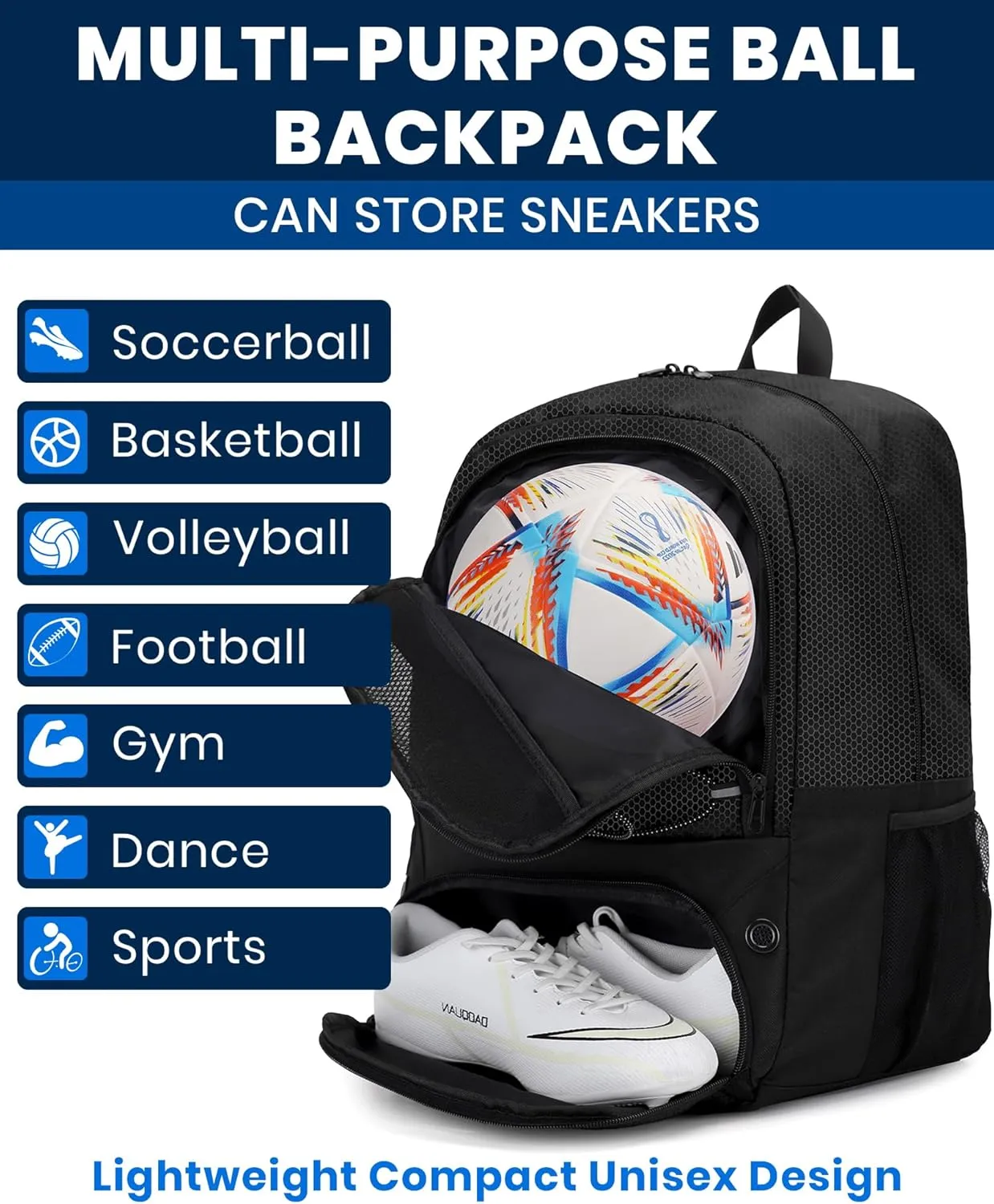 HMLIN Soccer Backpack,Basketball Backpack with Ball Compartment &Shoe Compartment,Sports Bag for Basketball,Soccer,Football& Volleyball