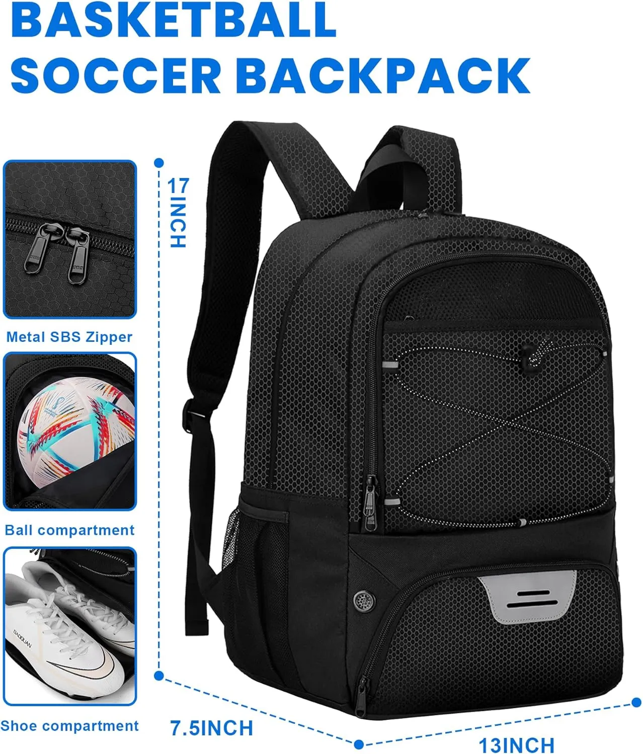 HMLIN Soccer Backpack,Basketball Backpack with Ball Compartment &Shoe Compartment,Sports Bag for Basketball,Soccer,Football& Volleyball