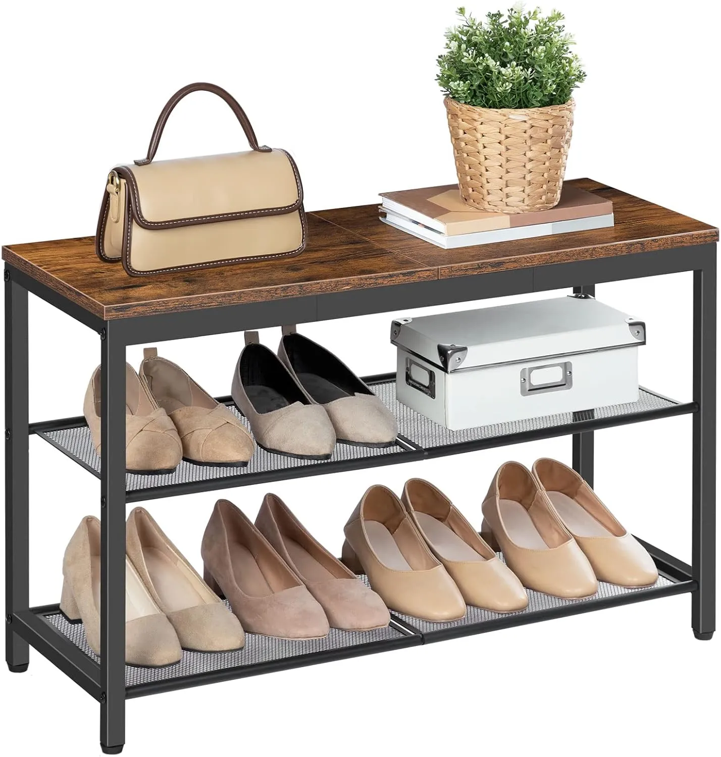 HOOBRO Shoe Bench, 3-Tier Shoe Rack, Industrial Shoe Organizer Storage Bench, 29.5 inches Entry Bench with Mesh Shelves, for Entryway, Living Room, Hallway, Easy Assembly, Rustic Brown BF75HX01