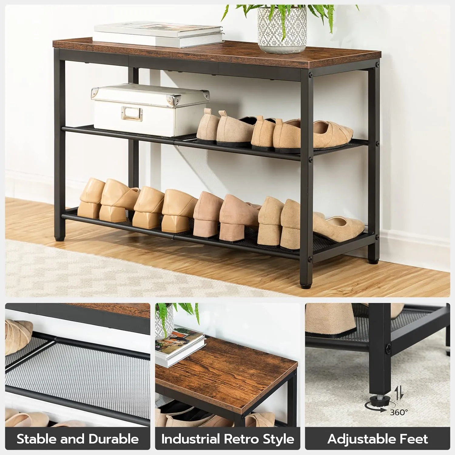 HOOBRO Shoe Bench, 3-Tier Shoe Rack, Industrial Shoe Organizer Storage Bench, 29.5 inches Entry Bench with Mesh Shelves, for Entryway, Living Room, Hallway, Easy Assembly, Rustic Brown BF75HX01