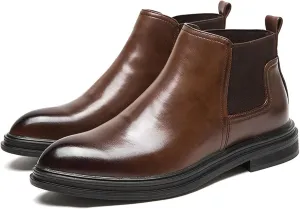 HOOENG Ankle Boots for Men Elastic Bandage Burnished Toe Cowhide Leather PU Non Slip Anti-Slip Wearable Slip on Dress (Color : Brown Lined, Size : 7.5)