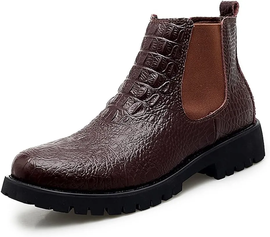 HOOENG Chelsea Boots for Men Crocodile Print Elastic Bandage Cowhide Leather Waterproof Slip on Wearable Non Slip Casual (Color : Brown, Size : 8.5)