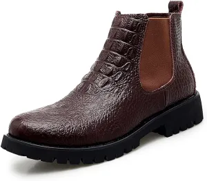 HOOENG Chelsea Boots for Men Crocodile Print Elastic Bandage Cowhide Leather Waterproof Slip on Wearable Non Slip Casual (Color : Brown, Size : 8.5)