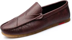 HOOENG Loafer Shoes for Men Vegan Leather Stitching Details Round Toe Lightweight Resistant Flexible Flat Heel Anti-Slip Outdoor Slip on (Color : Wine Red, Size : 8)
