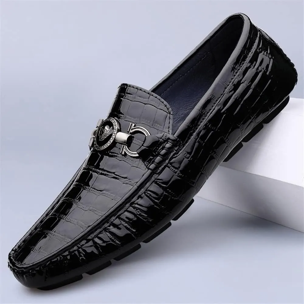 HOOENG Mens Loafers Shoe Round Toe Faux Crocodile Embossed Leather Anti-Slip Flexible Slip Resistant Fashion Slip-ons