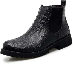 HOOENG Round Toe Ankle Boots for Men Crocodile Print Elastic Bandage Genuine Leather Non Slip Anti-Slip Wearable Slip on Waterproof Formal (Color : Black Lined, Size : 11)