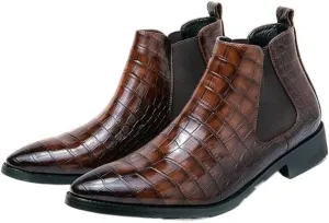 HOOENG Round Toe Ankle Boots for Men Round Toe Faux Crocodile Print PU Leather Slip On Wearable Non Slip Anti-Slip Dress Casual (Color : Brown, Size : 8)