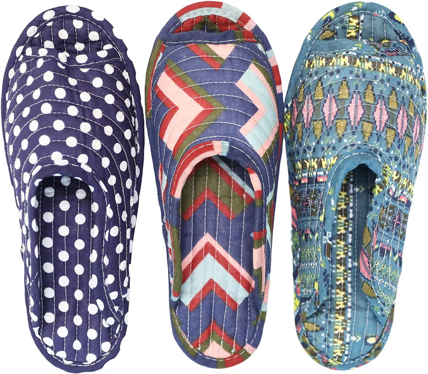 House Slippers for Women - Lightweight Cotton Quilted Home Slippers, Easy Machine Washable Like Socks, Foldable and Portable, Indoor Breathable Shoes for Your Feet Relaxing, Set of 3 Pairs (Medium