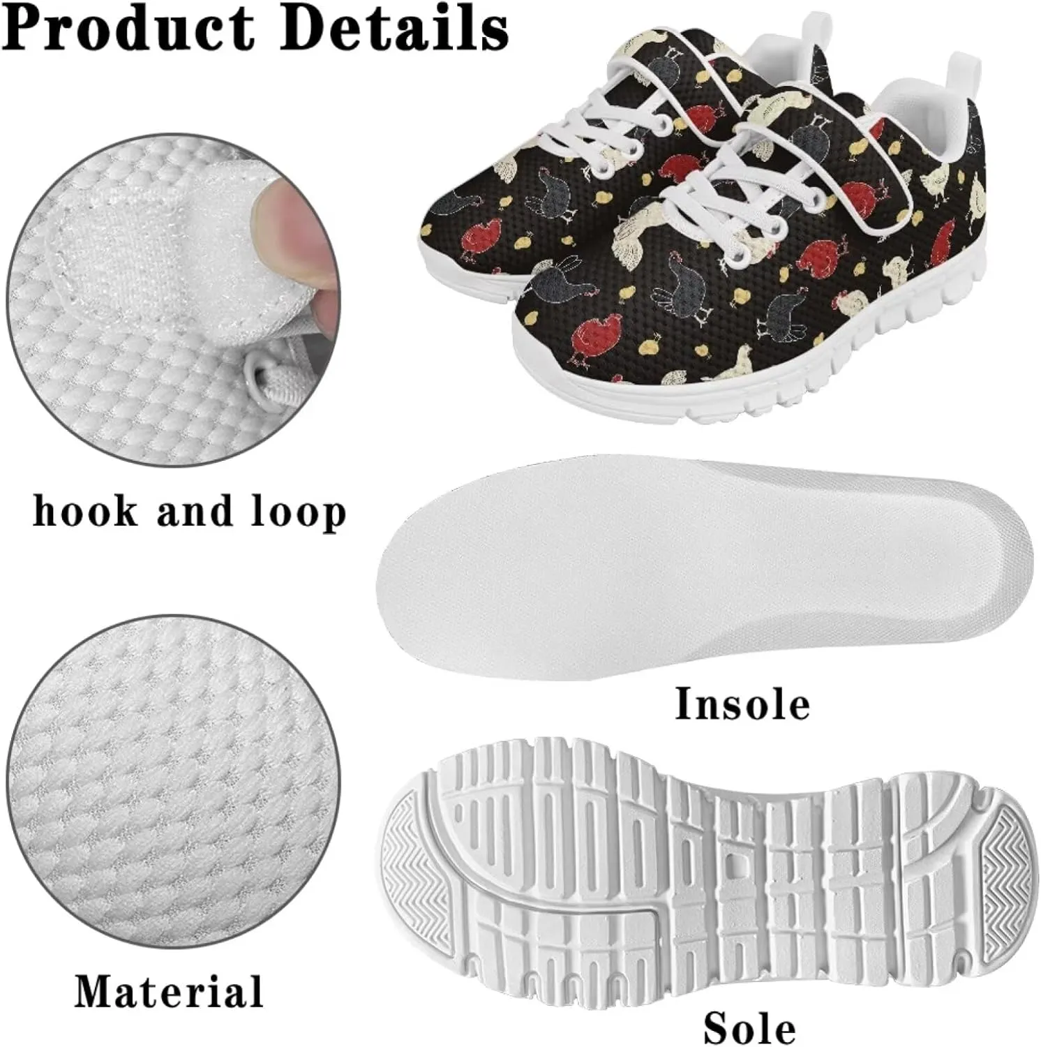 Howilath Rooster Print Children Sneakers for Girls with Single Buckle Athletic Walking Shoes Non-Slip Sole