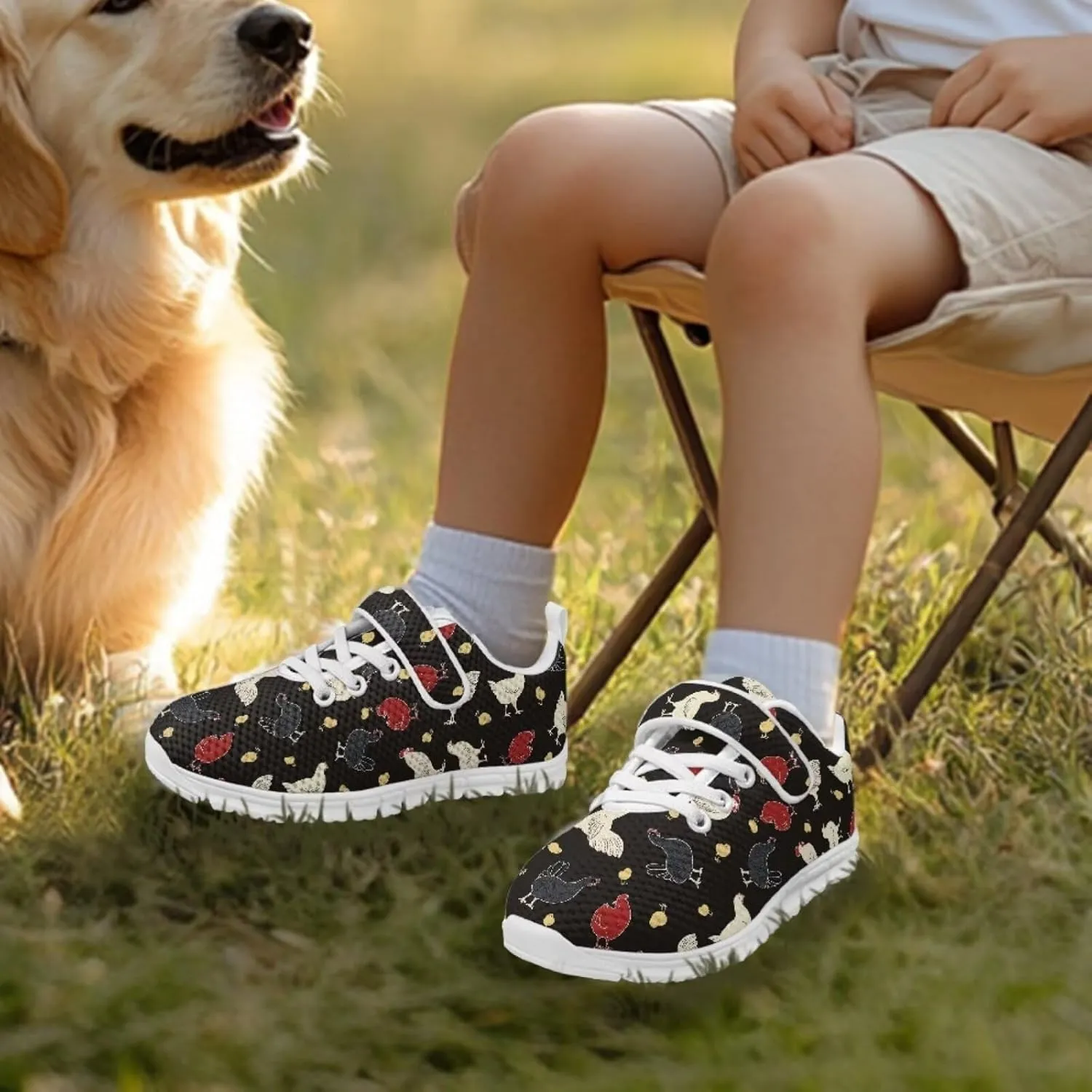 Howilath Rooster Print Children Sneakers for Girls with Single Buckle Athletic Walking Shoes Non-Slip Sole