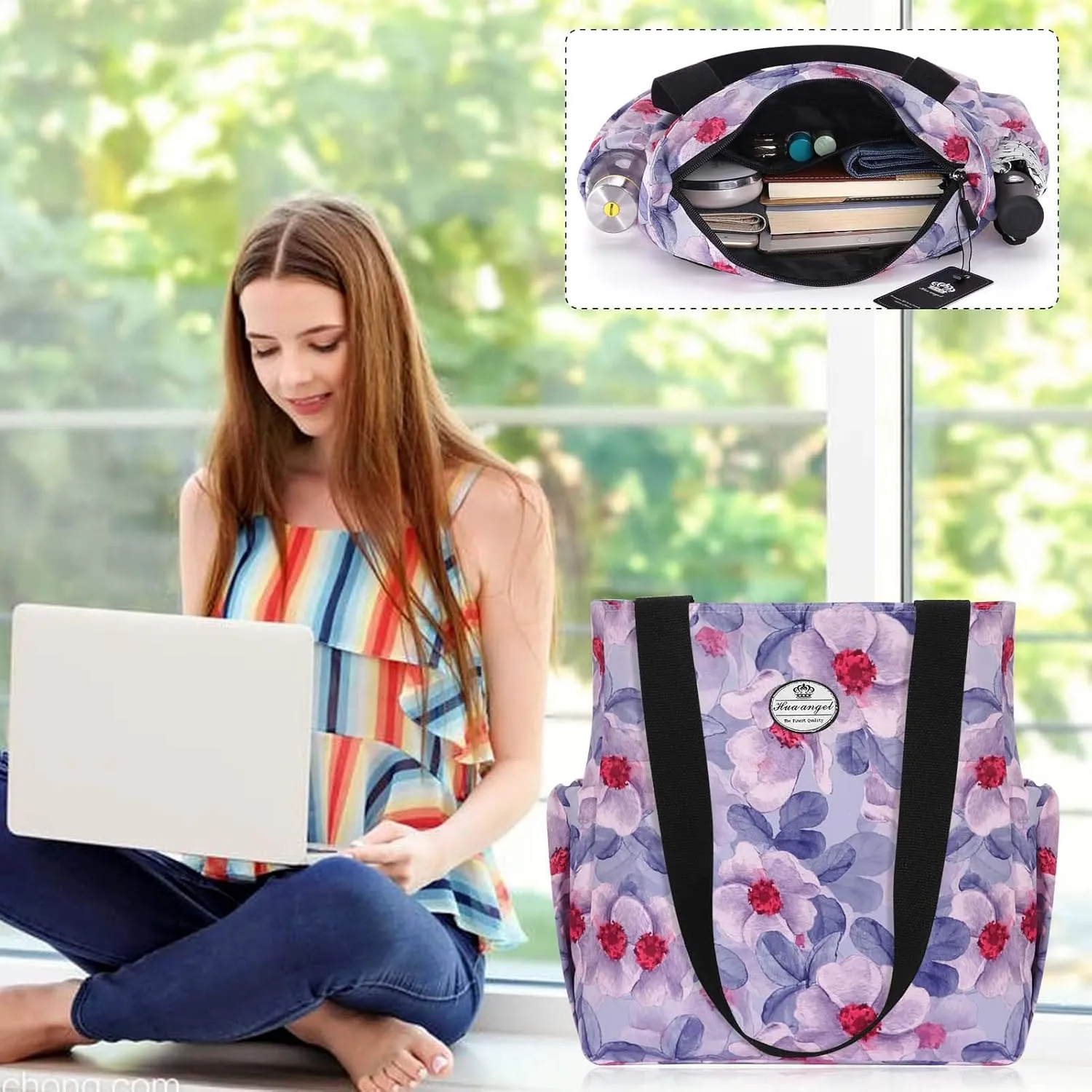 HUA ANGEL Floral Tote Bag - Casual Shoulder Bag Daily Tote Bag with Zipper Gym Travel Shopping Work Handbag for Women