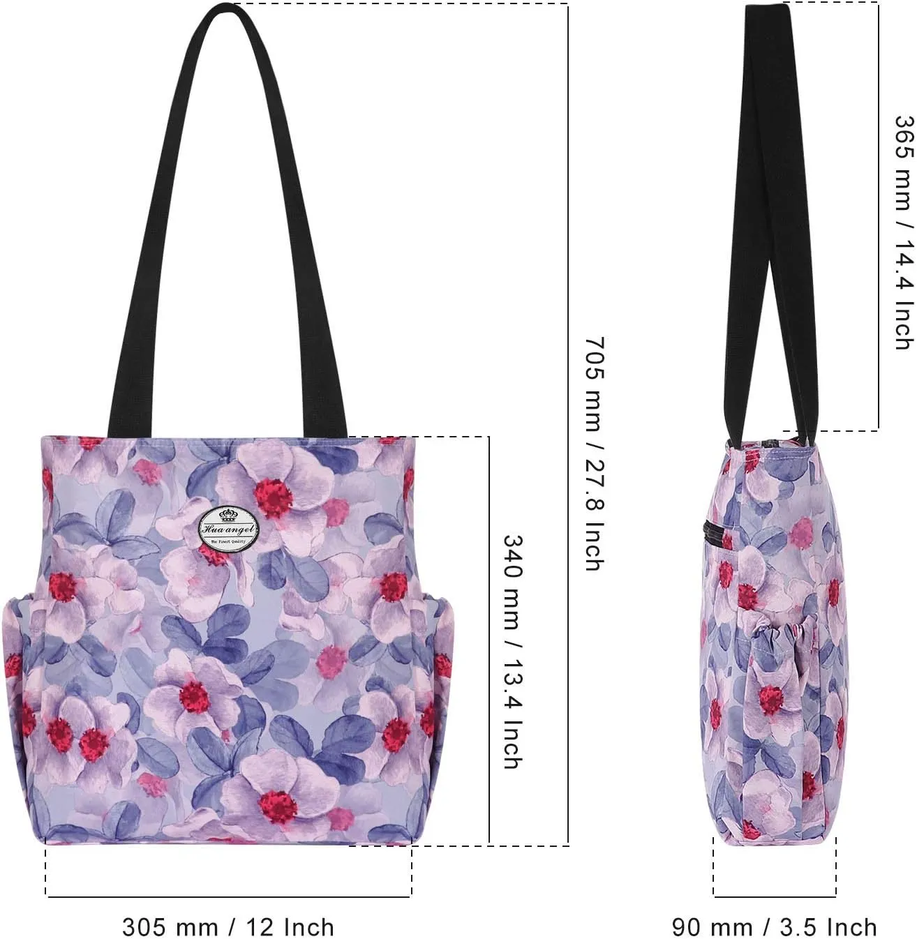 HUA ANGEL Floral Tote Bag - Casual Shoulder Bag Daily Tote Bag with Zipper Gym Travel Shopping Work Handbag for Women