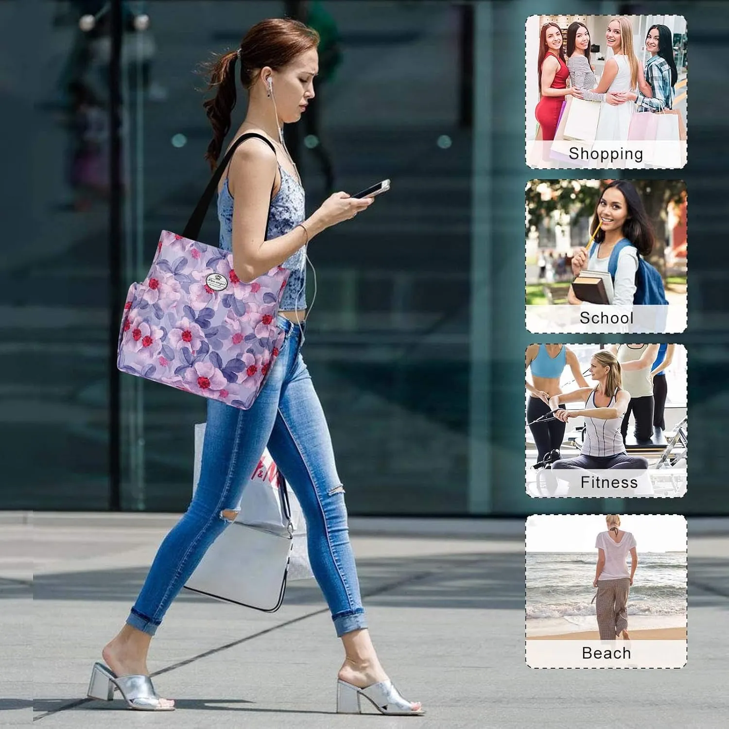 HUA ANGEL Floral Tote Bag - Casual Shoulder Bag Daily Tote Bag with Zipper Gym Travel Shopping Work Handbag for Women