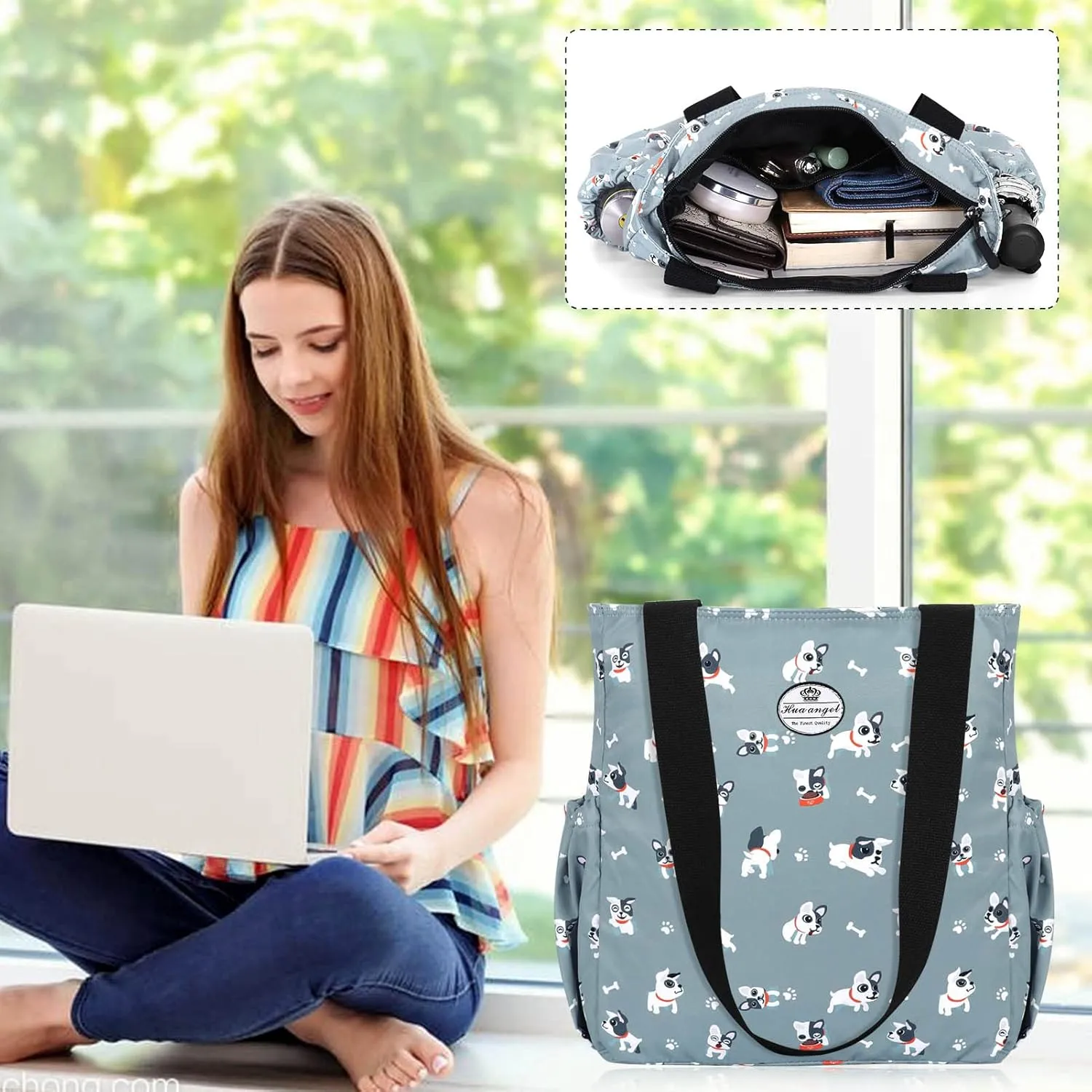 HUA ANGEL Floral Tote Bag - Casual Shoulder Bag Daily Tote Bag with Zipper Gym Travel Shopping Work Handbag for Women