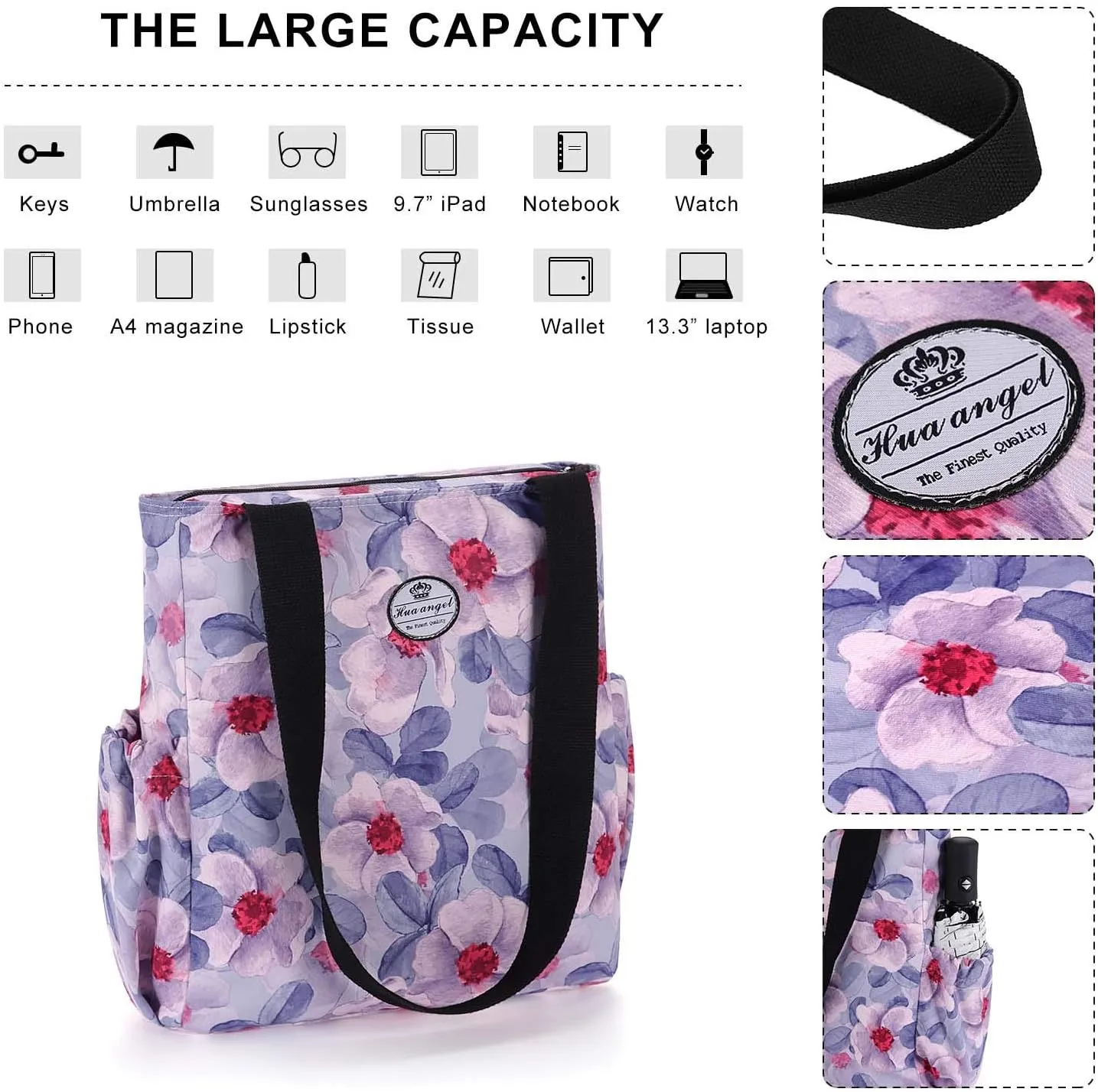 HUA ANGEL Floral Tote Bag - Casual Shoulder Bag Daily Tote Bag with Zipper Gym Travel Shopping Work Handbag for Women