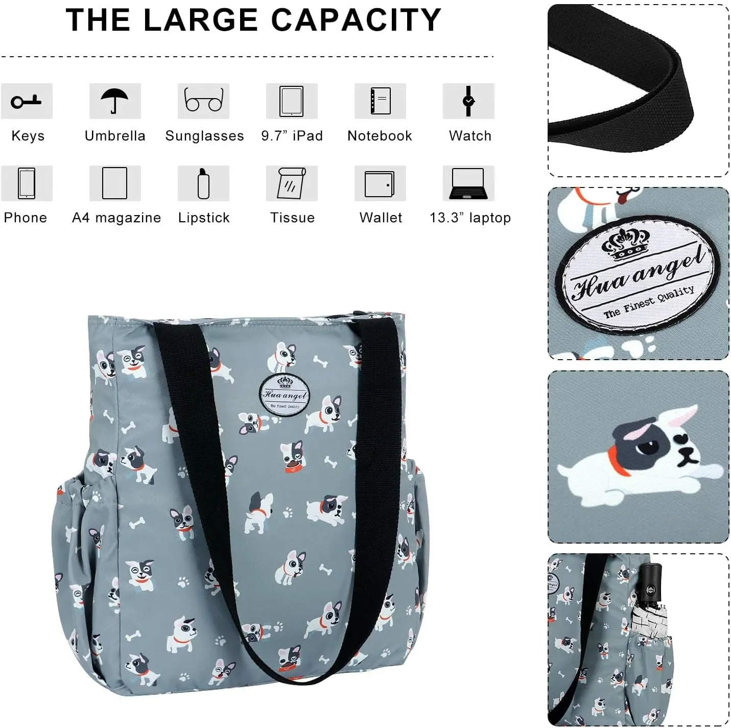 HUA ANGEL Floral Tote Bag - Casual Shoulder Bag Daily Tote Bag with Zipper Gym Travel Shopping Work Handbag for Women