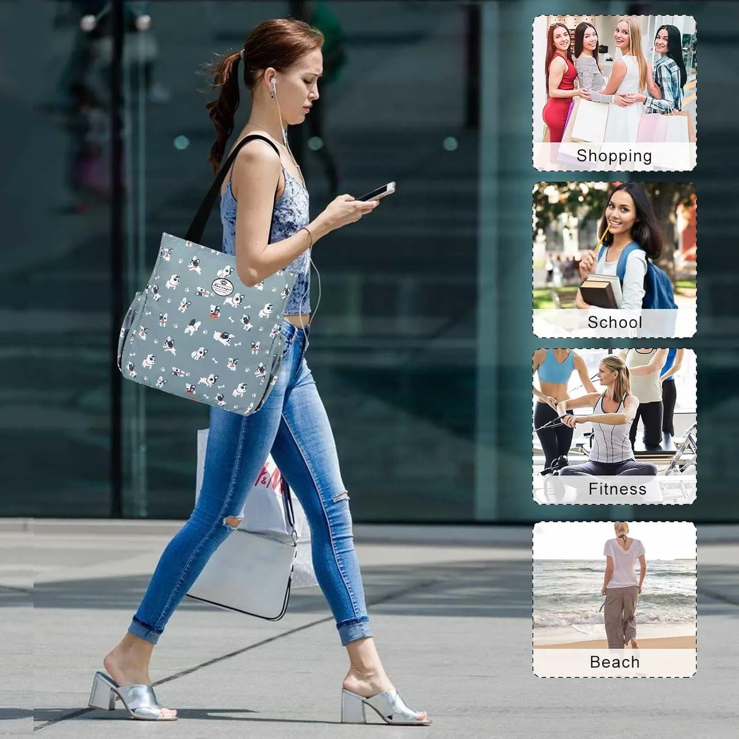 HUA ANGEL Floral Tote Bag - Casual Shoulder Bag Daily Tote Bag with Zipper Gym Travel Shopping Work Handbag for Women