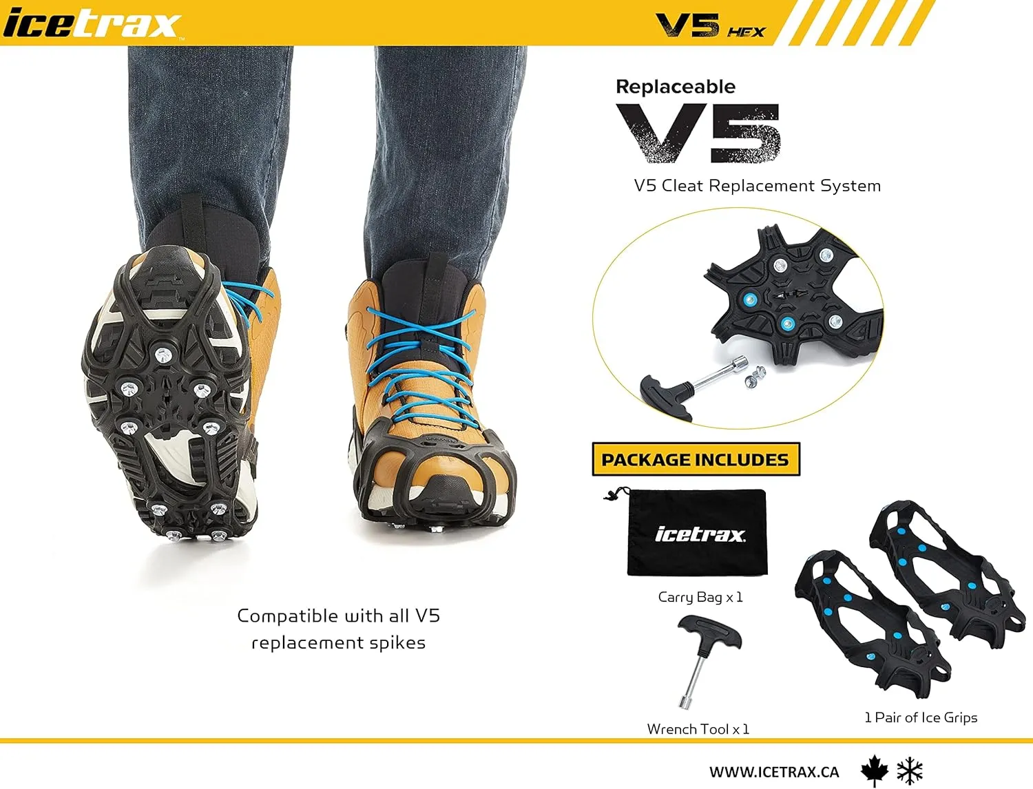 ICETRAX V5 Ice Cleats, Easy to Replace Spikes, Ice Grips for Shoes and Boots, StayON Toe, Reflective Heel