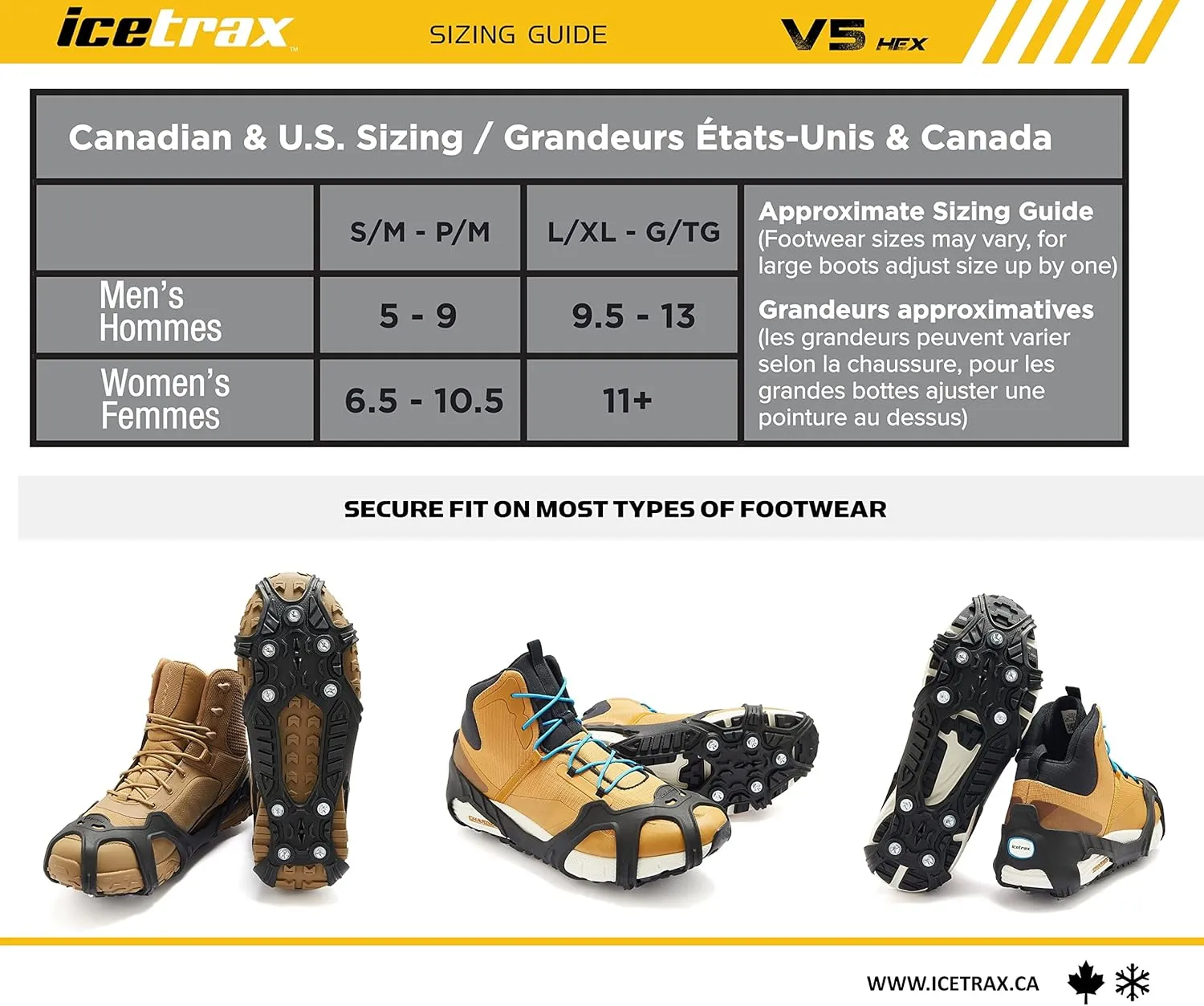 ICETRAX V5 Ice Cleats, Easy to Replace Spikes, Ice Grips for Shoes and Boots, StayON Toe, Reflective Heel