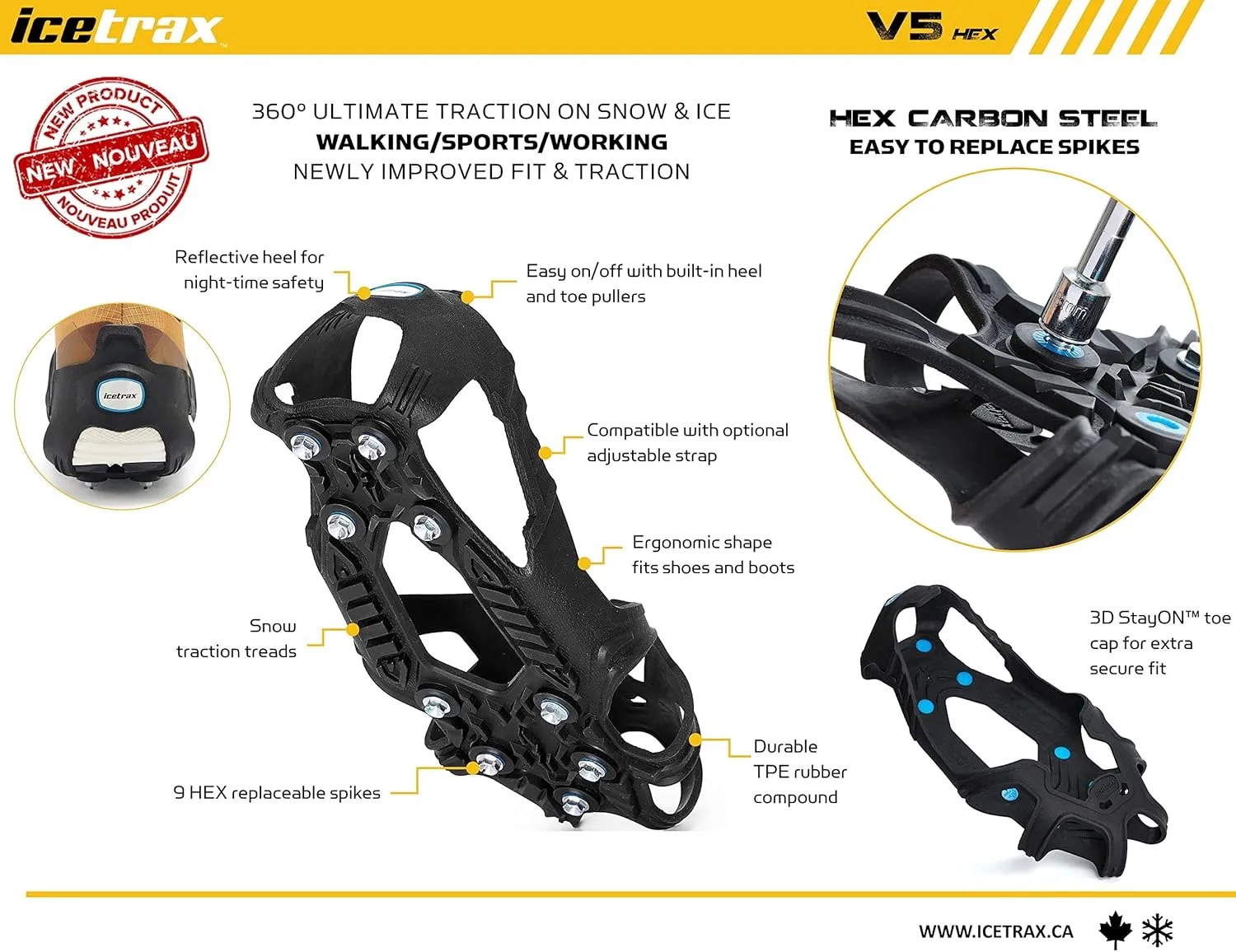 ICETRAX V5 Ice Cleats, Easy to Replace Spikes, Ice Grips for Shoes and Boots, StayON Toe, Reflective Heel