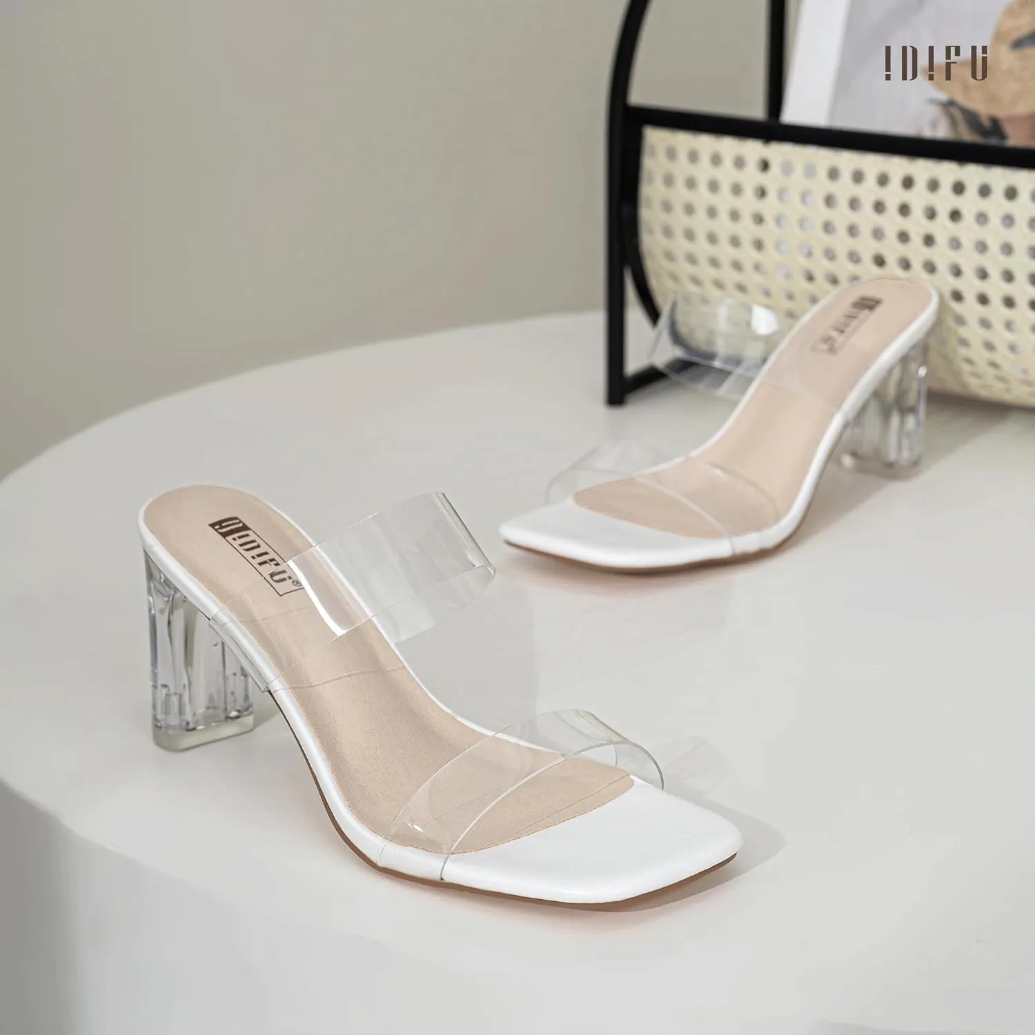 IDIFU IN3 Clear Heels for Women Transparent Two Strap Low Chunky Block Heels Square Open Toe Slides Heeled Sandals Wedding Prom Party Dress Shoes Comfortable Slip On Mule Heels