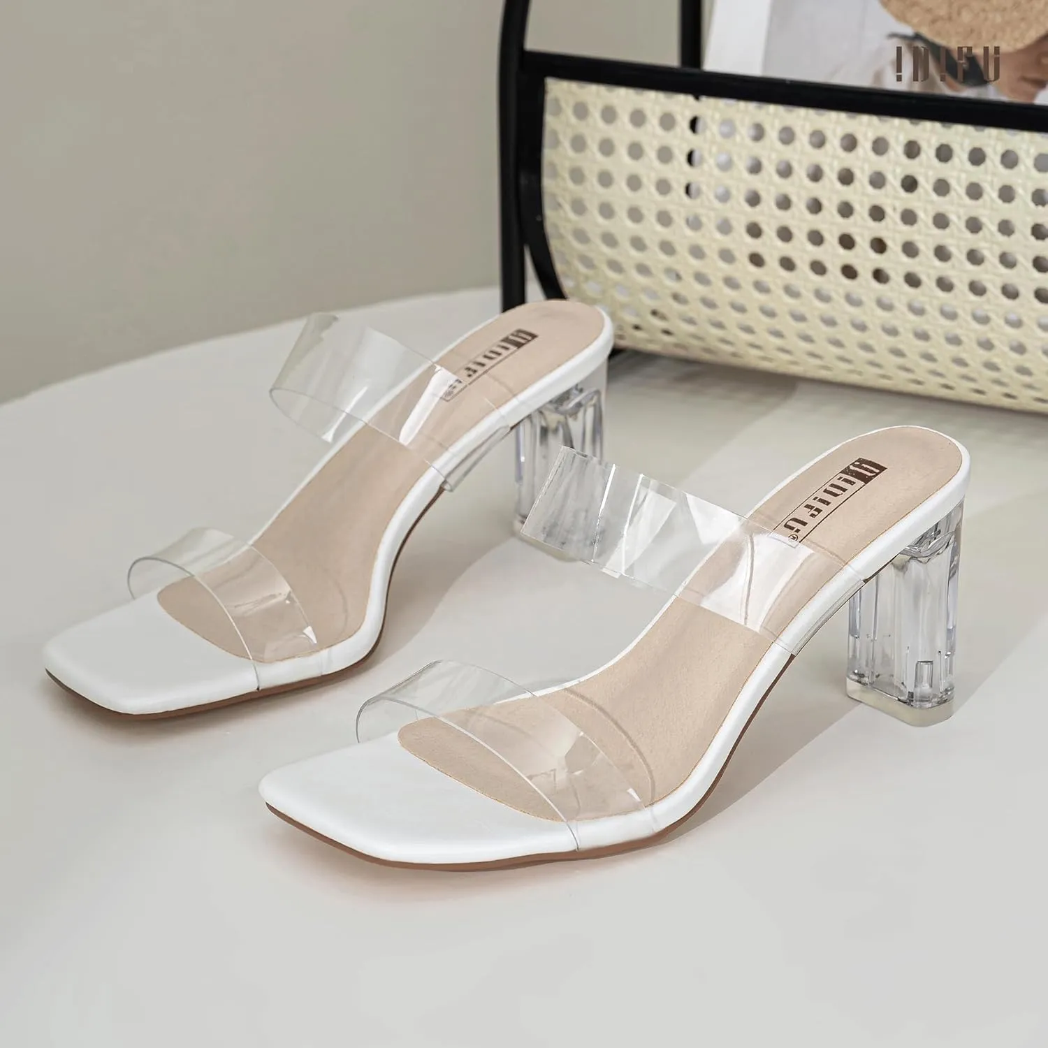 IDIFU IN3 Clear Heels for Women Transparent Two Strap Low Chunky Block Heels Square Open Toe Slides Heeled Sandals Wedding Prom Party Dress Shoes Comfortable Slip On Mule Heels