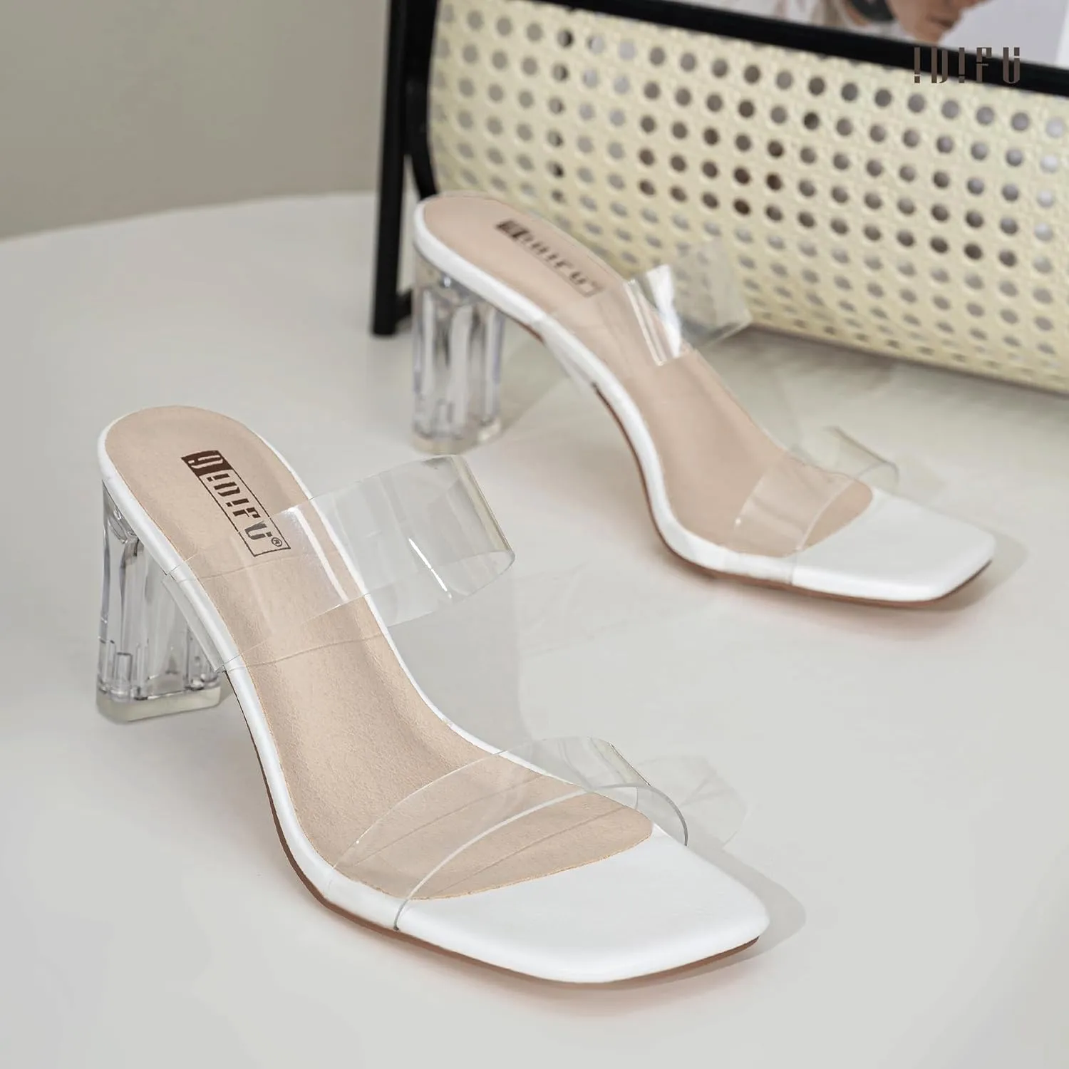 IDIFU IN3 Clear Heels for Women Transparent Two Strap Low Chunky Block Heels Square Open Toe Slides Heeled Sandals Wedding Prom Party Dress Shoes Comfortable Slip On Mule Heels