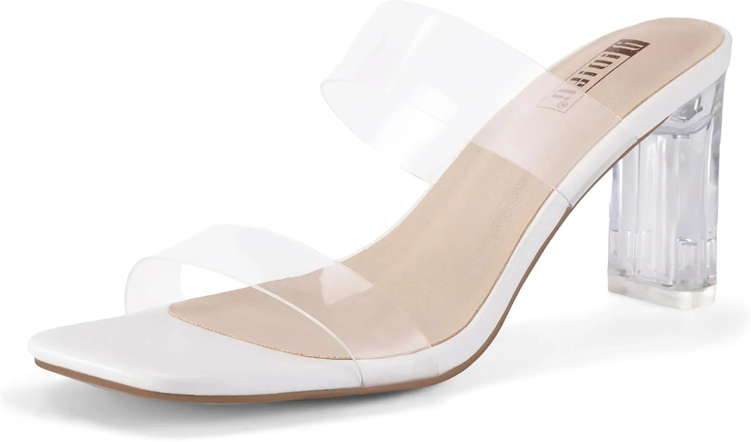 IDIFU IN3 Clear Heels for Women Transparent Two Strap Low Chunky Block Heels Square Open Toe Slides Heeled Sandals Wedding Prom Party Dress Shoes Comfortable Slip On Mule Heels
