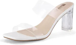 IDIFU IN3 Clear Heels for Women Transparent Two Strap Low Chunky Block Heels Square Open Toe Slides Heeled Sandals Wedding Prom Party Dress Shoes Comfortable Slip On Mule Heels