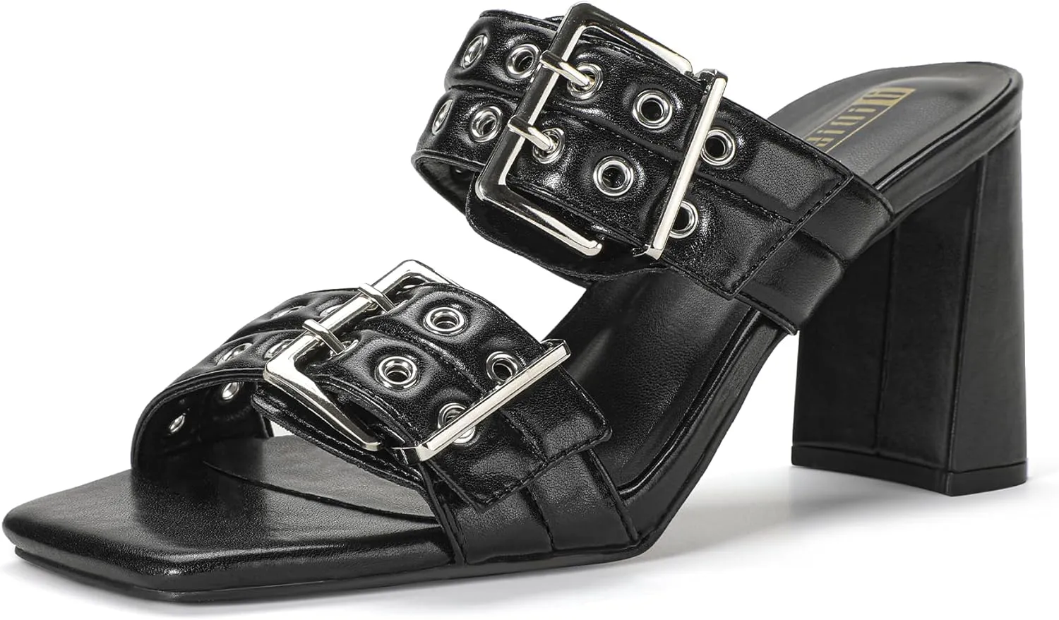 IDIFU IN3 Square Open Toe Heels Double Buckle Slip On Chunky Low Block Short Heel Sandals for Women Summer Trendy Comfortable Fashion Party Prom Dress Shoes Eyelets Belt Strap Slide Mule Heels