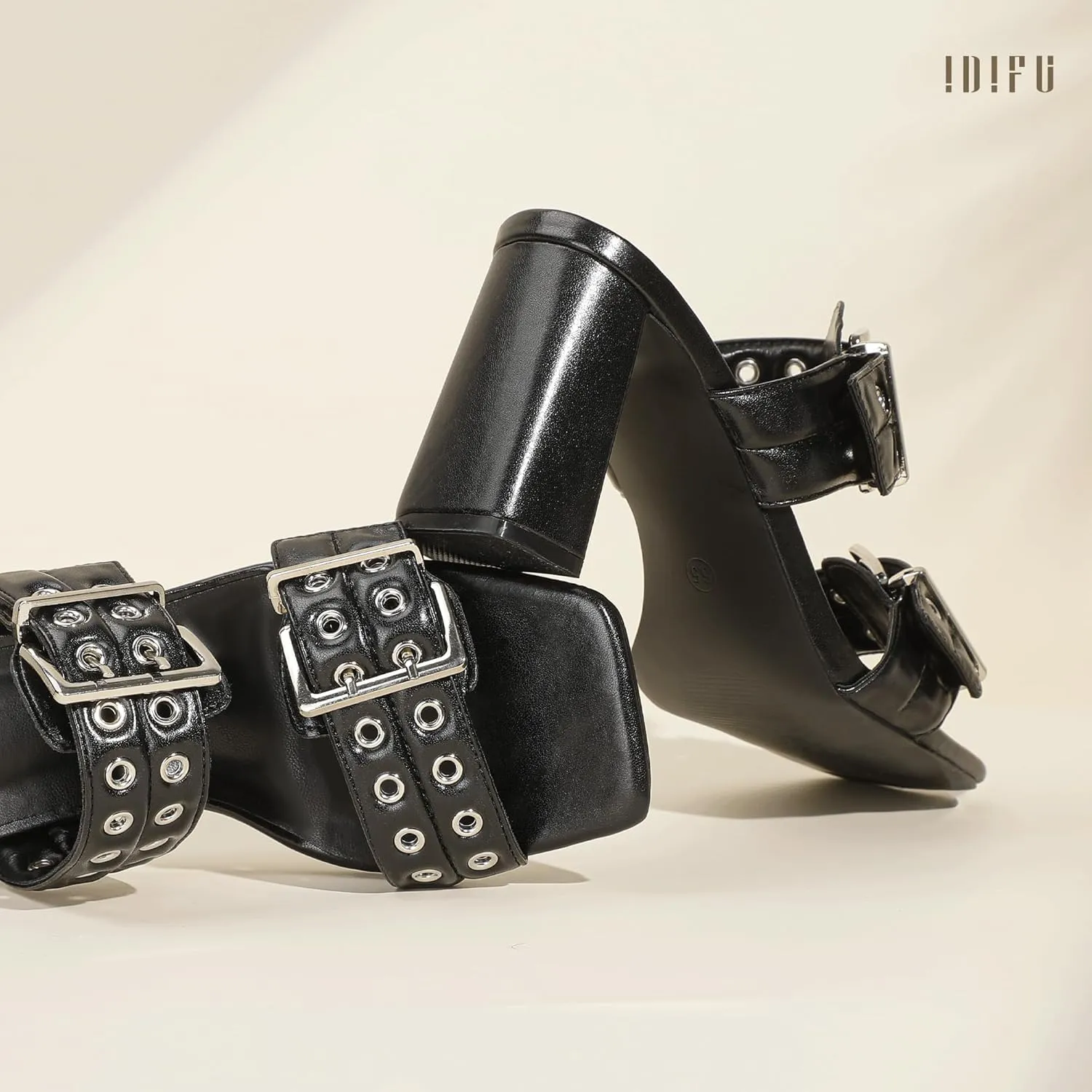 IDIFU IN3 Square Open Toe Heels Double Buckle Slip On Chunky Low Block Short Heel Sandals for Women Summer Trendy Comfortable Fashion Party Prom Dress Shoes Eyelets Belt Strap Slide Mule Heels