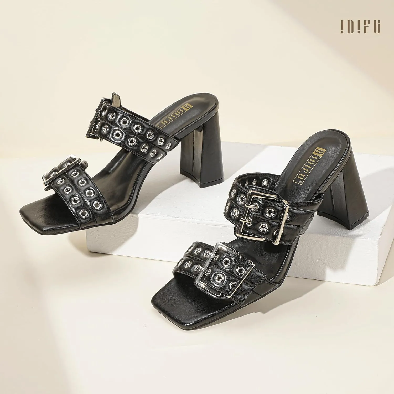 IDIFU IN3 Square Open Toe Heels Double Buckle Slip On Chunky Low Block Short Heel Sandals for Women Summer Trendy Comfortable Fashion Party Prom Dress Shoes Eyelets Belt Strap Slide Mule Heels