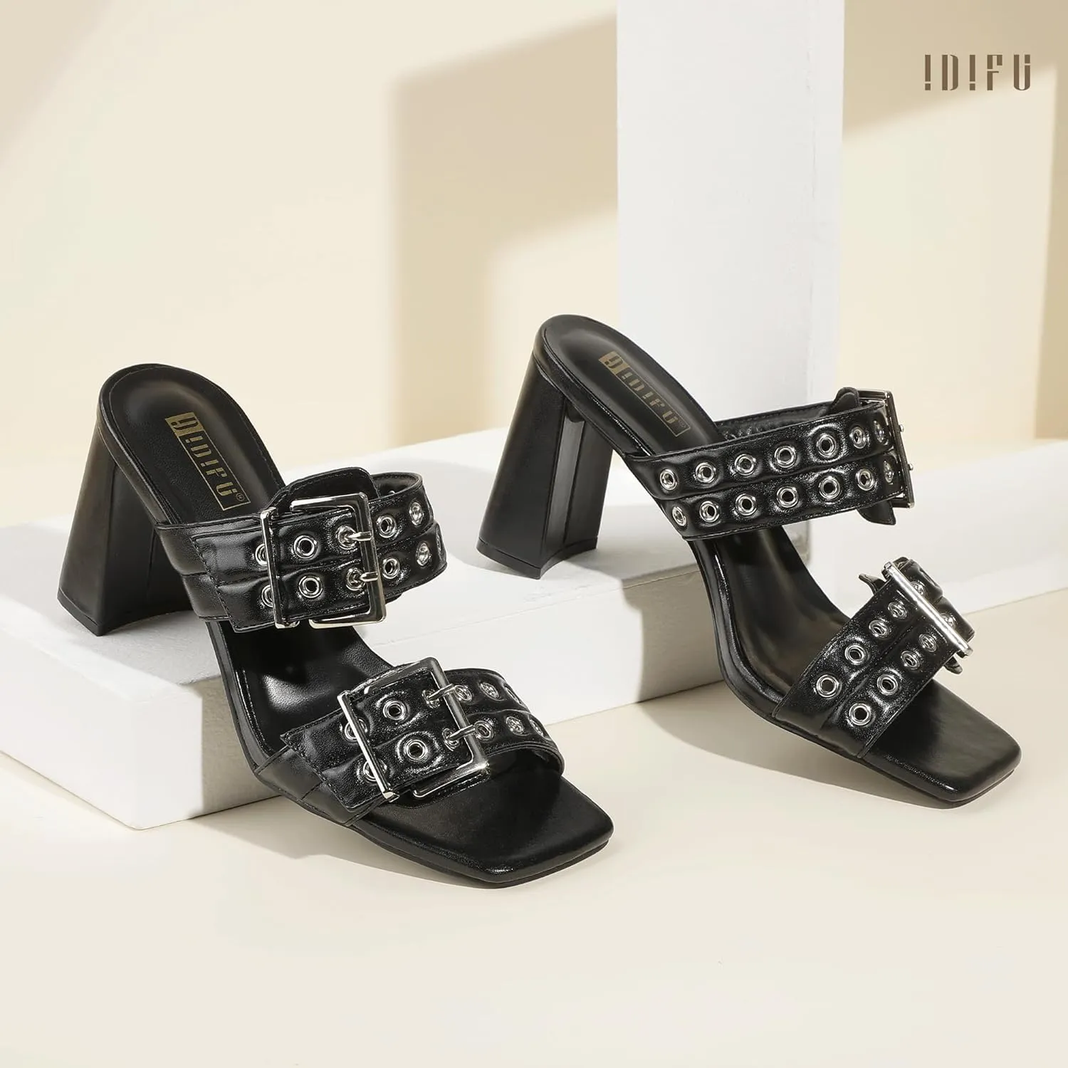IDIFU IN3 Square Open Toe Heels Double Buckle Slip On Chunky Low Block Short Heel Sandals for Women Summer Trendy Comfortable Fashion Party Prom Dress Shoes Eyelets Belt Strap Slide Mule Heels